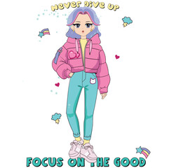 person in clothes, Anime Girl illustration withslogan. Vector graphic design for t-shirt. cute girl drawing.