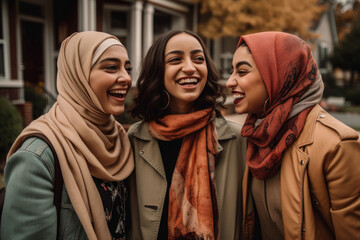 Three happy Empowered muslim women friends  interacting with each other and smiling. Inclusion concept. Generative AI. - obrazy, fototapety, plakaty