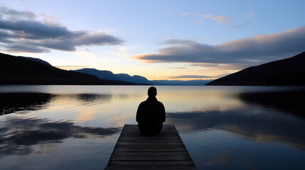 A person practicing mindfulness overlooking a calm lake with their back to the camera