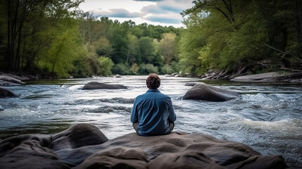 A person practicing mindfulness overlooking a large river with their back to the camera