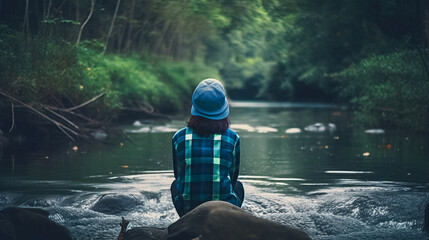 A person practicing mindfulness overlooking a river with their back to the camera