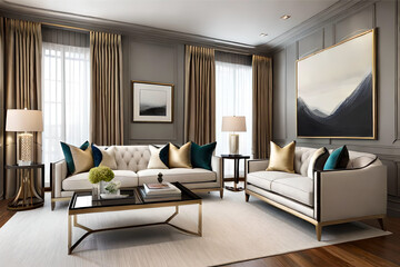 Fototapeta premium Interior design of a Hollywood glam living room that incorporates luxurious fabrics, metallic accents, and bold statement pieces | Generative AI