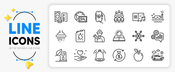 Health app, Air conditioning and Group people line icons set for app include Repairman, Credit card, Apple outline thin icon. Change money, Sun energy, Music book pictogram icon. Vector