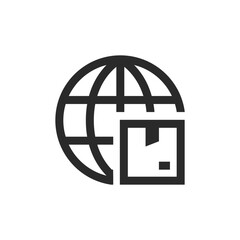 Worldwide delivery, linear style icon. Globe and Box. Editable stroke width
