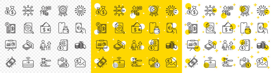 Outline Bid offer, Cyber attack and Business results line icons pack for web with Phone wallet, Analytics chart, Payment line icon. Coins bags, Money, Euro money pictogram icon. Salary. Vector