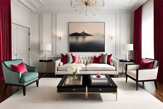 Interior design of a Hollywood glam living room that incorporates luxurious fabrics, metallic accents, and bold statement pieces | Generative AI