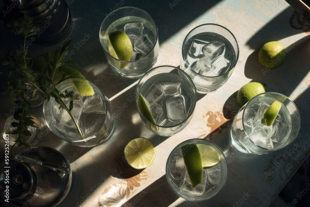 Wall mural overhead shot of a refreshing gin and tonic drink with sunlight and shadows. generative ai