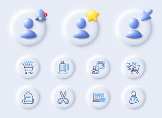Marketplace, Wallet and Baggage size line icons. Placeholder with 3d cursor, bell, star. Pack of Discounts cart, Cut, Dress icon. Backpack, Shopping rating pictogram. For web app, printing. Vector