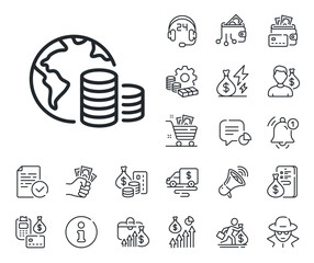 Internet financial trade sign. Cash money, loan and mortgage outline icons. World budget line icon. Global economy symbol. Budget line sign. Credit card, crypto wallet icon. Vector - obrazy, fototapety, plakaty