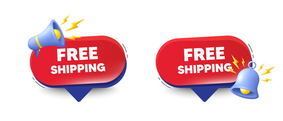 Free shipping tag. Speech bubbles with 3d bell, megaphone. Delivery included sign. Special offer symbol. Free shipping chat speech message. Red offer talk box. Vector