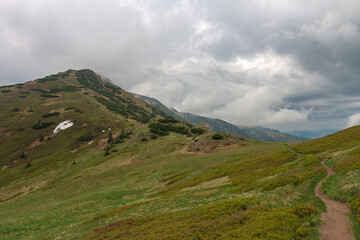 Naklejka premium Mountain pass Bublen, path to Maly Krivan, national park Mala Fatra, Slovakia, in spring cloudy day