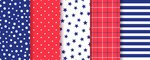 America independence day backgrounds. seamless pattern. 4th july patriotic textures. American flag prints. Set of blue red geometric backdrops with stars stripes and plaid. Vector illustration.
