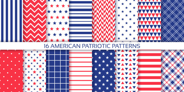 American patriotic backgrounds. 4th July seamless patterns. America independence day texture with stars, stripes and check. Collection geometric prints. Blue red modern wallpaper. Vector illustration