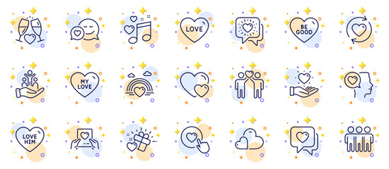 Outline set of Love music, Update relationships and Care line icons for web app. Include Hearts, Like button, Love gift pictogram icons. Friends chat, Friends couple, Friendship signs. Vector
