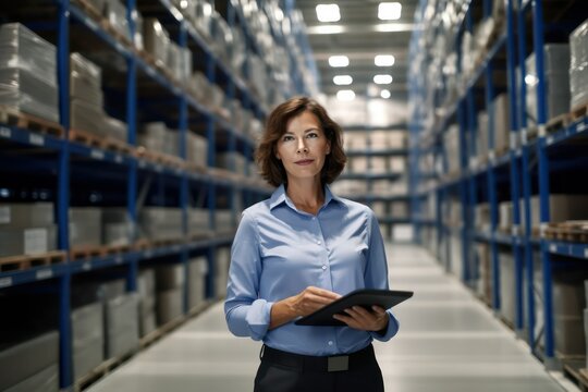 Confident businesswoman standing with clipboard in distribution warehouse, showcasing her leadership skills, efficiency, and expertise in logistics and supply chain management, generative ai