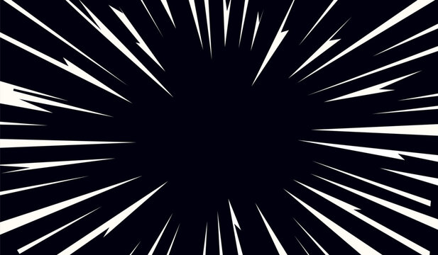 Abstract Comic Book Style Flash Explosion. Radial Lines on Black Background. Vector Anime Illustration Design. Bright White Light Thunder Burst. Flash Electric Glow. Speed Lines Manga Frame