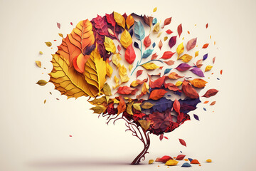 Symbol of memory loss due to dementia, alzheimer. Illustration of a human head with a brain made of withered falling autumn leaves. Brain degeneration concept. Decreased mind function. Generative ai.