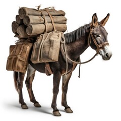 Pack mule isolated on a white background, hardworking and sturdy animal, traditionally used for carrying heavy loads over long distances, generative ai - obrazy, fototapety, plakaty