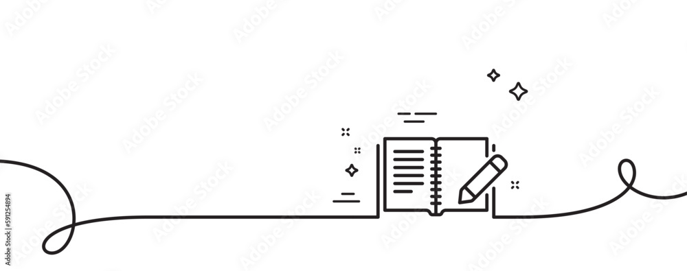 Poster feedback line icon. continuous one line with curl. book with pencil sign. copywriting symbol. feedba