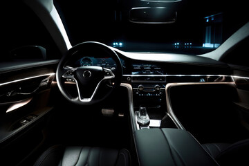 Obraz na płótnie Canvas dark luxury car interior, night city , ai generative