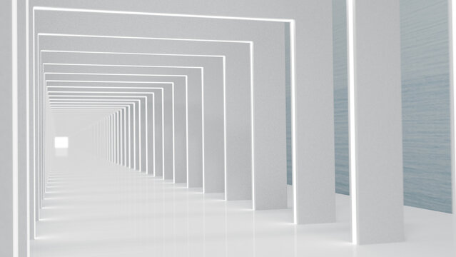 White futuristic tunnel leading to light. Modern style abstract 3d rendered background.