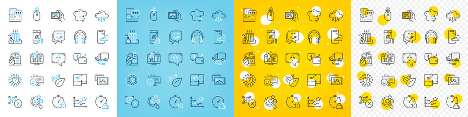 Vector icons set of Seo phone, Card and Headphones line icons pack for web with Qr code, Chemistry lab, Swipe up outline icon. Radiator, Delivery route, Question mark pictogram. Vector
