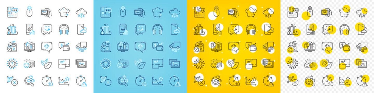 Vector icons set of Seo phone, Card and Headphones line icons pack for web with Qr code, Chemistry lab, Swipe up outline icon. Radiator, Delivery route, Question mark pictogram. Vector