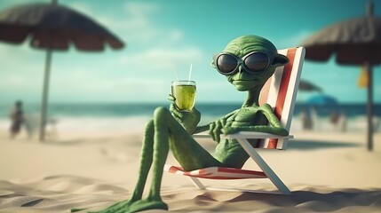 Funny green alien tourist goes on beach holiday relaxing in beach chair with tropical drink. Generative Ai.. - obrazy, fototapety, plakaty