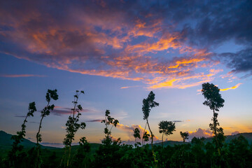 View of landscape nature and mountain with sunlight and sunset or sunrise in morning light,