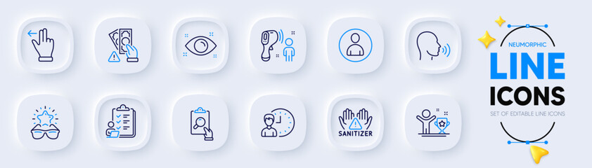 Touchscreen gesture, Human sing and Working hours line icons for web app. Pack of Bribe, Health eye, Avatar pictogram icons. Winner cup, Inspect, Electronic thermometer signs. Checklist. Vector