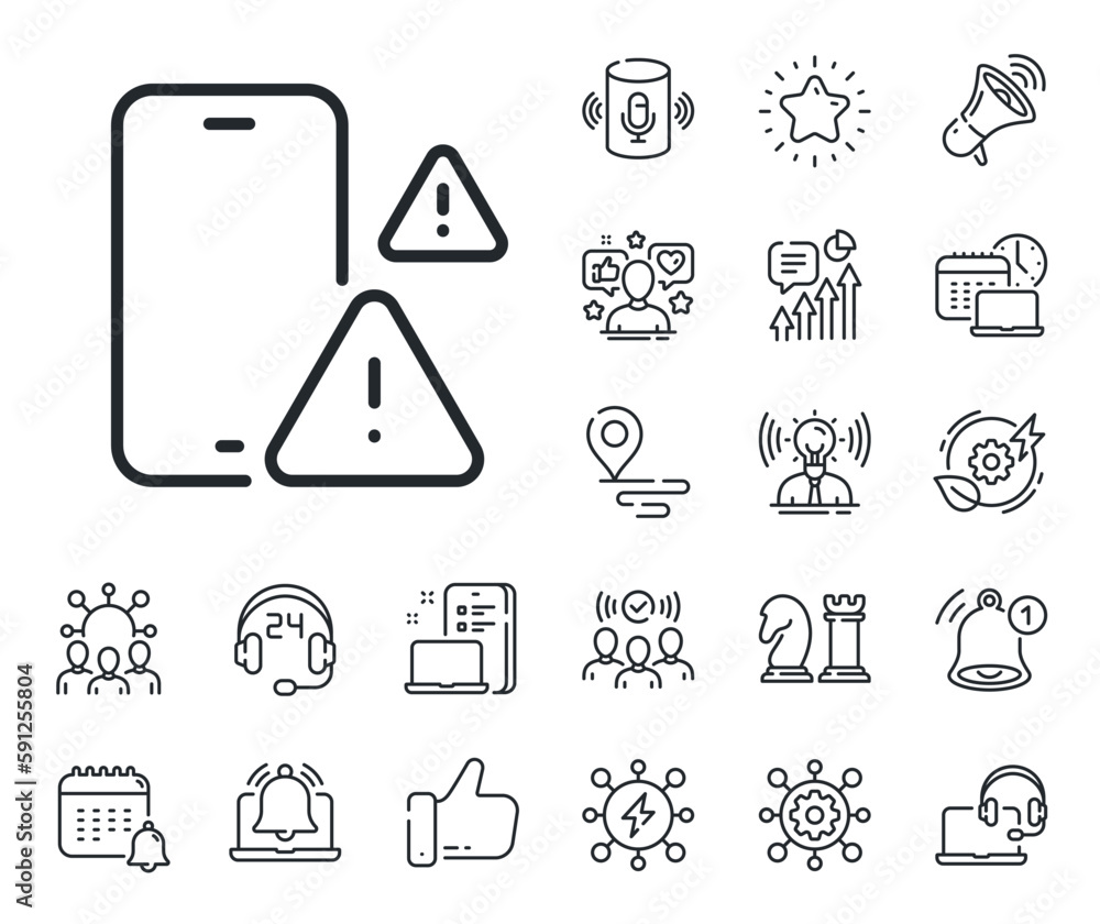 Poster smartphone app sign. place location, technology and smart speaker outline icons. phone warnings line