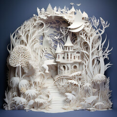 Whimsical Paper Castle, Miniature Forest, Imaginative Artwork, generative AI
