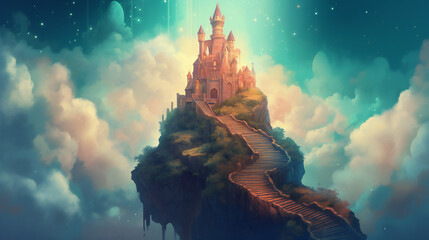 Enchanted Floating Castle, Magical Staircase, Vibrant Sky, generative AI
