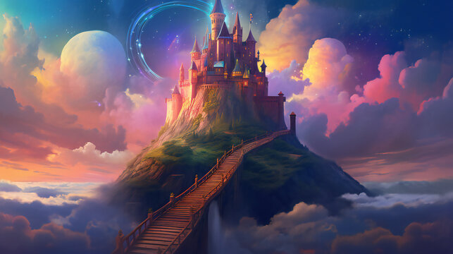 Enchanted Floating Castle, Magical Staircase, Vibrant Sky, generative AI
