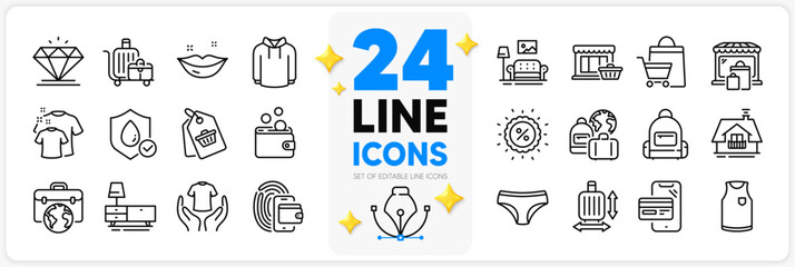 Icons set of Backpack, Baggage and Baggage size line icons pack for app with Waterproof, Marketplace, Online shopping thin outline icon. Wallet, Furniture, T-shirt pictogram. Discount. Vector