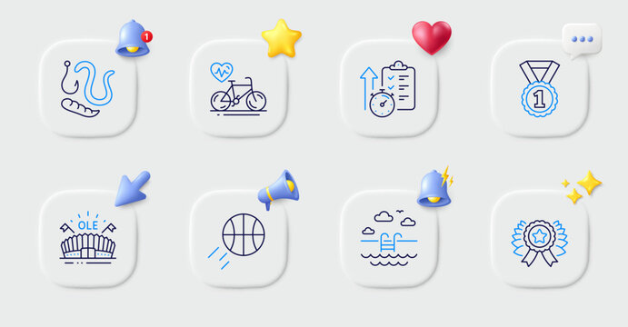 Sports arena, Best rank and Worms line icons. Buttons with 3d bell, chat speech, cursor. Pack of Winner ribbon, Cardio bike, Basketball icon. Swimming pool, Timer pictogram. Vector