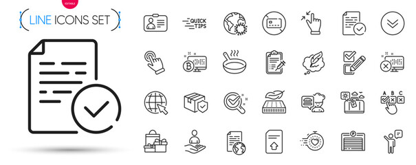 Pack of Checkbox, Compliance and Id card line icons. Include Lightweight mattress, Shopping, Chemistry lab pictogram icons. Parcel insurance, Vaccine report, Parking garage signs. Vector