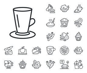 Fresh beverage sign. Crepe, sweet popcorn and salad outline icons. Cup of Tea line icon. Latte or Coffee symbol. Teacup line sign. Pasta spaghetti, fresh juice icon. Supply chain. Vector