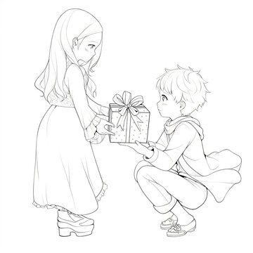 Giving gift, Illustration for coloring, AI generated