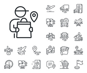Courier location sign. Plane, supply chain and place location outline icons. Delivery man line icon. Order delivery symbol. Delivery man line sign. Taxi transport, rent a bike icon. Travel map. Vector