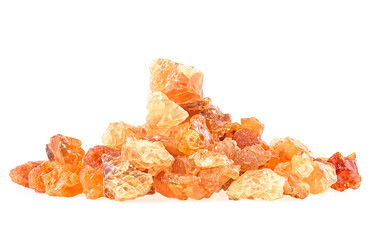 Pile of golden frankincense resin isolated on a white background. Incense. Natural frankincense...