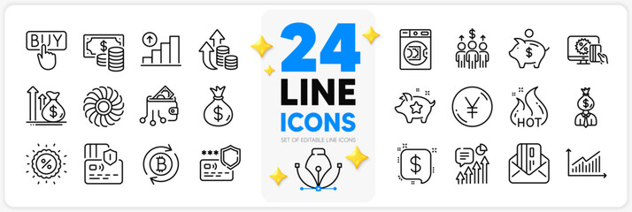 Icons set of Payment message, Hot sale and Card line icons pack for app with Launder money, Refresh bitcoin, Budget thin outline icon. Credit card, Discount, Online shopping pictogram. Vector