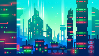 City of future pixelated banner. Cyberpunk metropolis background. Skyscrapers buildings in neon colors. Sci-fi scene in pixel art, 8 bit retro style vector illustration