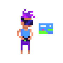 Professional virtual reality computer game person. Boy in vr glasses playing online game on console. Young man character in pixel art, 8 bit retro style vector illustration