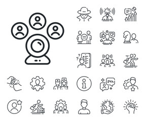 Online meeting sign. Specialist, doctor and job competition outline icons. Video conference line icon. Web camera symbol. Video conference line sign. Avatar placeholder, spy headshot icon. Vector