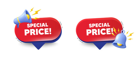 Special price tag. Speech bubbles with 3d bell, megaphone. Sale sign. Advertising Discounts symbol. Special price chat speech message. Red offer talk box. Vector