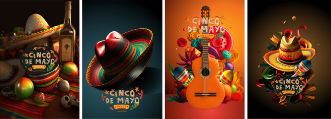 Cinco de Mayo is a holiday in Mexico. 3d illustration of cowboy sombrero hat, guitar, maracas, backgrounds and objects for poster, banner or greeting card for mexican spring holiday - 591258068