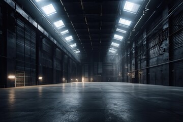 Three dimensional render of dark empty warehouse. AI generated - obrazy, fototapety, plakaty