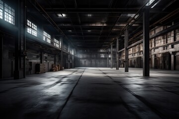 Three dimensional render of dark empty warehouse. AI generated