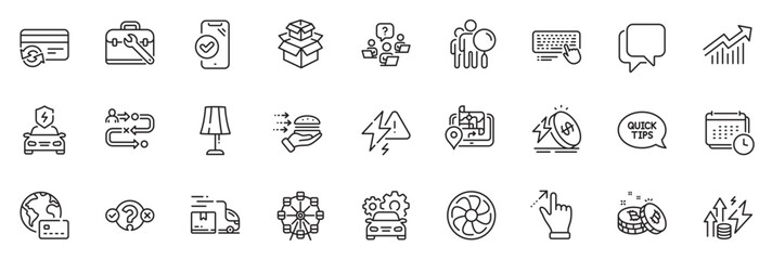 Fototapeta na wymiar Icons pack as Computer keyboard, Demand curve and Car charging line icons for app include Packing boxes, Lightning bolt, Talk bubble outline thin icon web set. Table lamp, Car service. Vector